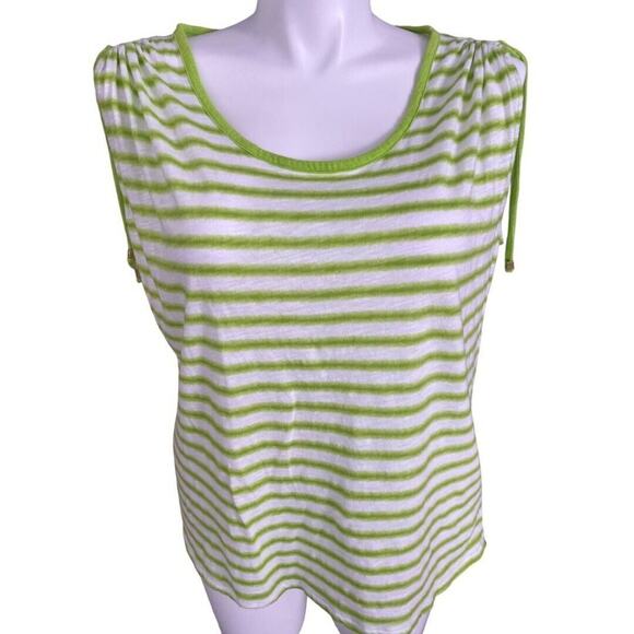 2X Michael Kors Green Striped Sleeves Gathered Tie Shoulder Shirt Blouse - Picture 1 of 7
